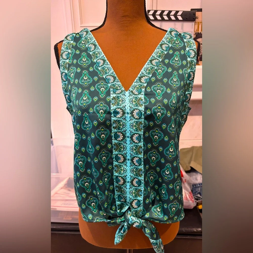 LOFT Teal Paisley Print V-Neck Tie-Waist Camisole - Picture 2 of 11